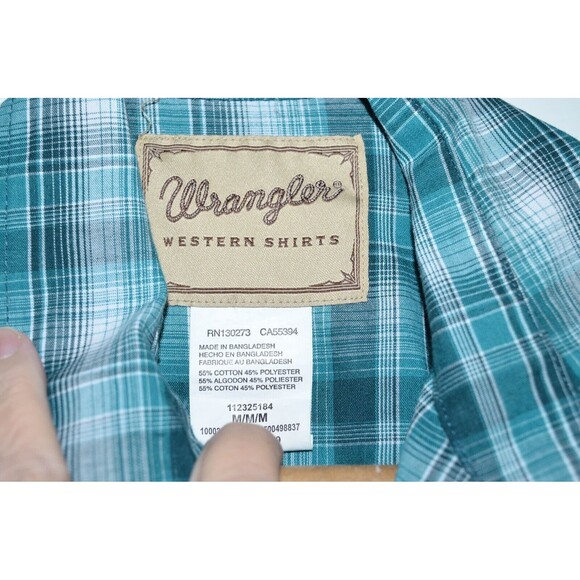 Wrangler Retro Western Shirt Mens M green Plaid Pearl Snap Cowboy Pockets - Picture 2 of 6